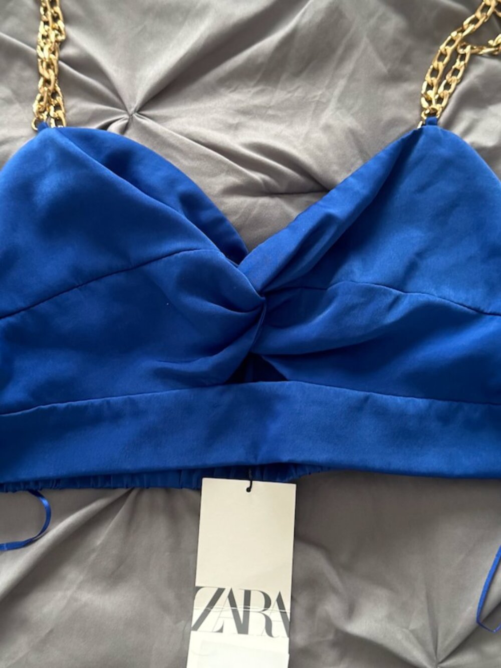 Zara NWT Blue Satin Bow Chain Strap Crop Top Size Large